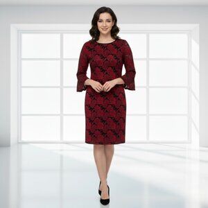 NWT Red Floral Lace Bell Sleeve Dress | Lined | Romantic Stretchy Fit | Size L